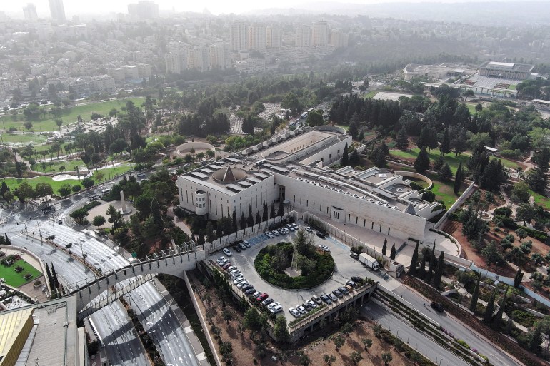 An aerial view shows Israel's Supreme Court on the morning it is set to discuss petitions against new legislation that Israeli Prime Minister Benjamin Netanyahu's religious-nationalist coalition passed as part of a plan to overhaul the judiciary, in Jerusalem September 12, 2023. REUTERS/Ilan Rosenberg